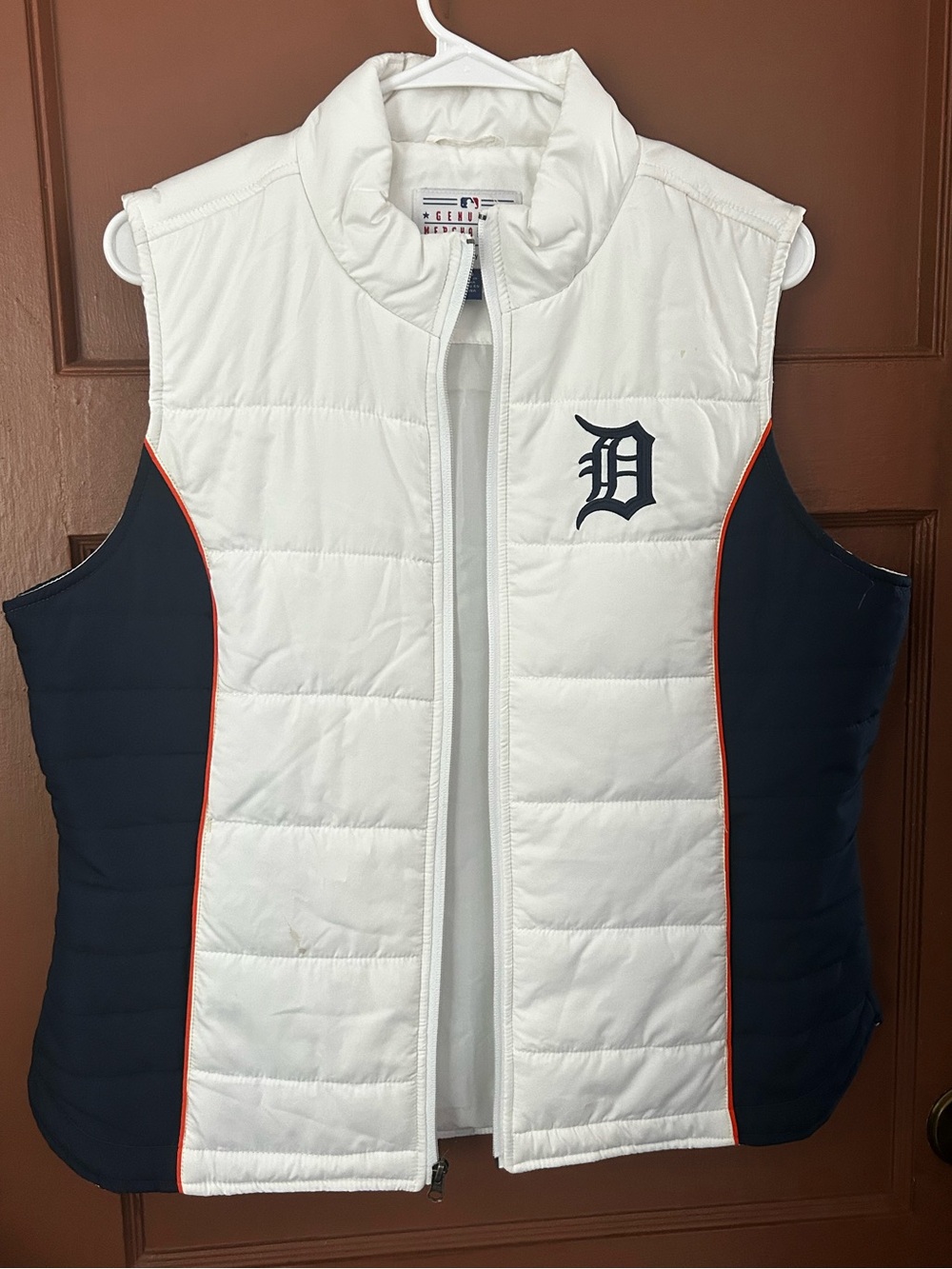 Detroit Tigers Puffer Vest - White & Navy with Orange Piping LMB